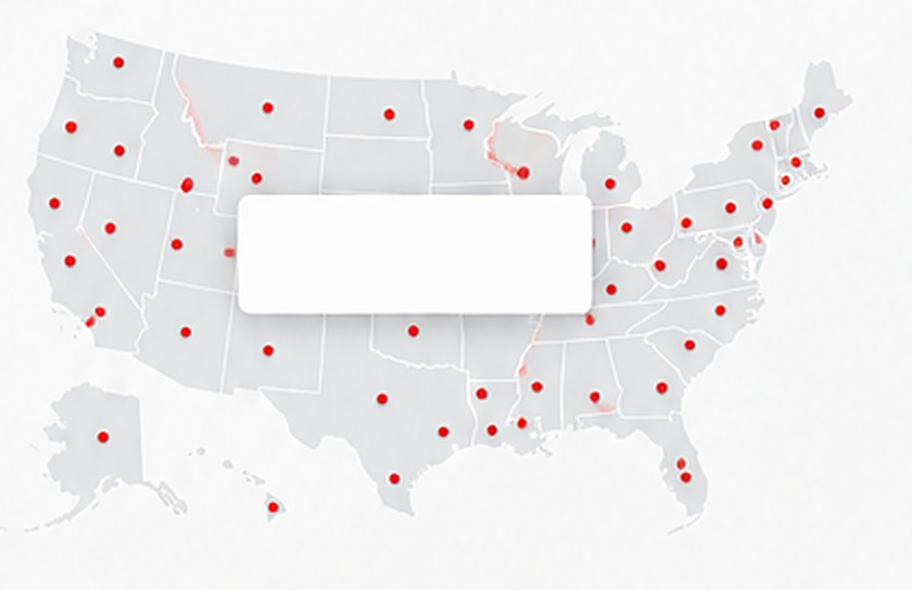 Map of the United States with a red marker in every state